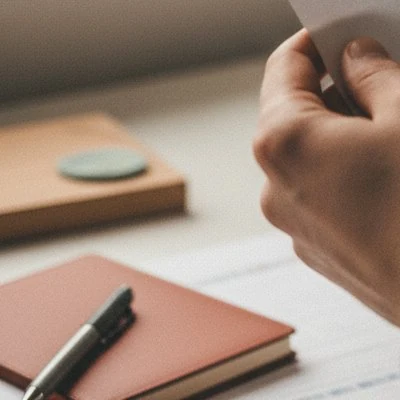 Hand mit einer Drucksache über dem Schreibtisch, daneben Notizbücher und Papiere